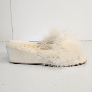Vintage 1950s Packard Marabou Feather Slippers Cream Satin Boudoir Mules Size 6